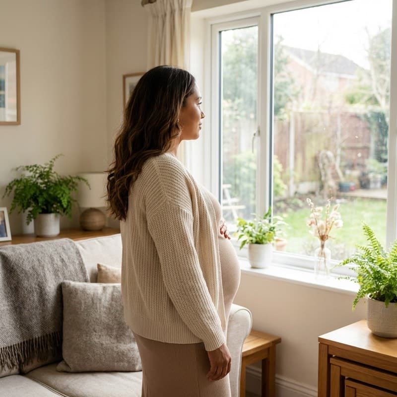Expecting mother looking out window
